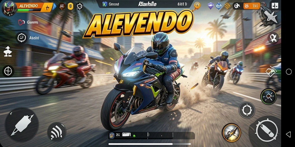 Screenshot gameplay ALEVENDO menampilkan aksi balapan motor yang mendebarkan.