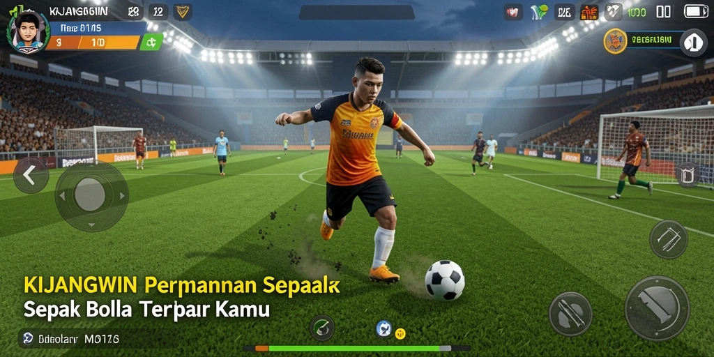 Tampilan gameplay seru dalam KIJANGWIN dengan aksi sepak bola yang mendebarkan.