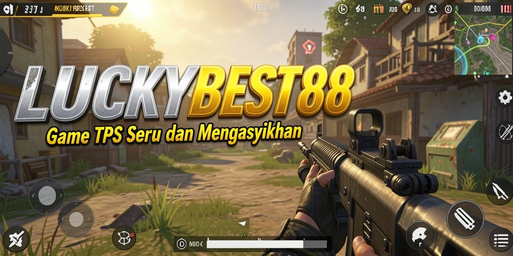 Screenshot permainan LUCKYBEST88 menampilkan pertempuran seru di arena TPS.