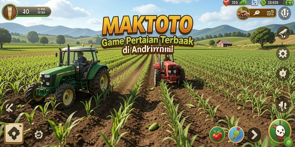 Screenshot gameplay MAKTOTO menampilkan petani mengelola ladang dengan berbagai tanaman.