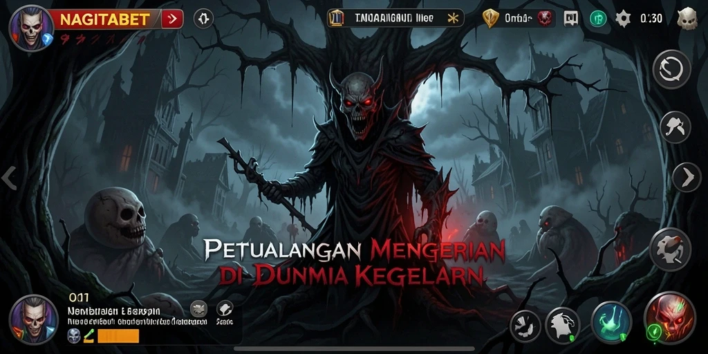 Tampilan gameplay NAGITABET dengan suasana menyeramkan dan makhluk mengerikan.