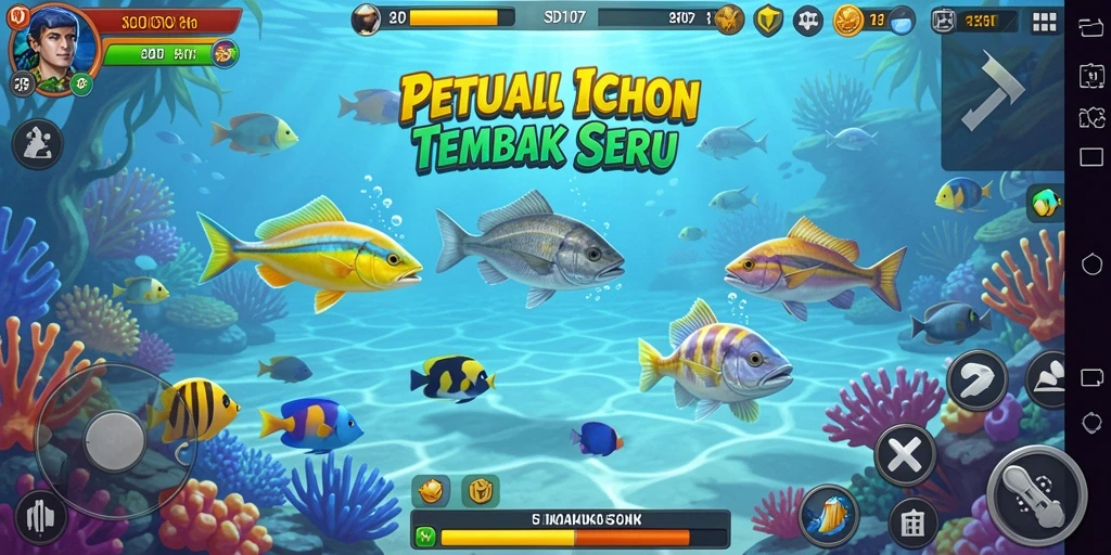 Screenshot gameplay <strong>SD107</strong> menampilkan aksi menembak ikan di bawah laut.